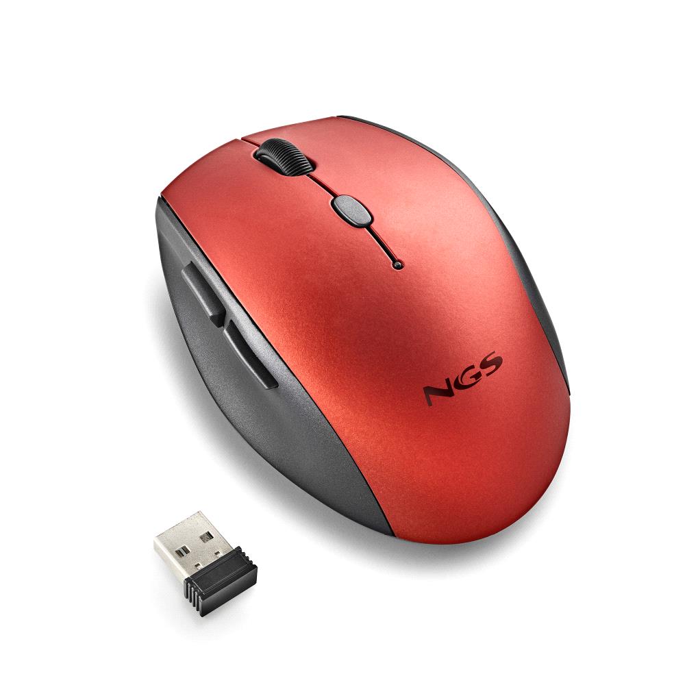 Souris ergonomique sans fil NGS pour ordinateurs portables et ordinateurs - 5 boutons et molette de défilement - Touches silencieuses - Couleur rouge