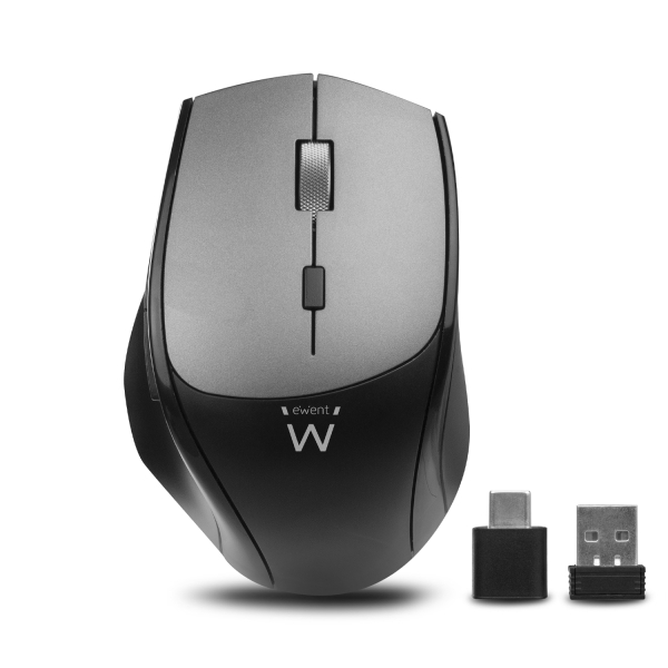 Souris sans fil Ewent - 2400 ppp - Clic silencieux - Bluetooth 5.1 - Récepteurs USB-A et C 2,4 GHz - Plug and Play - Noir/Gris