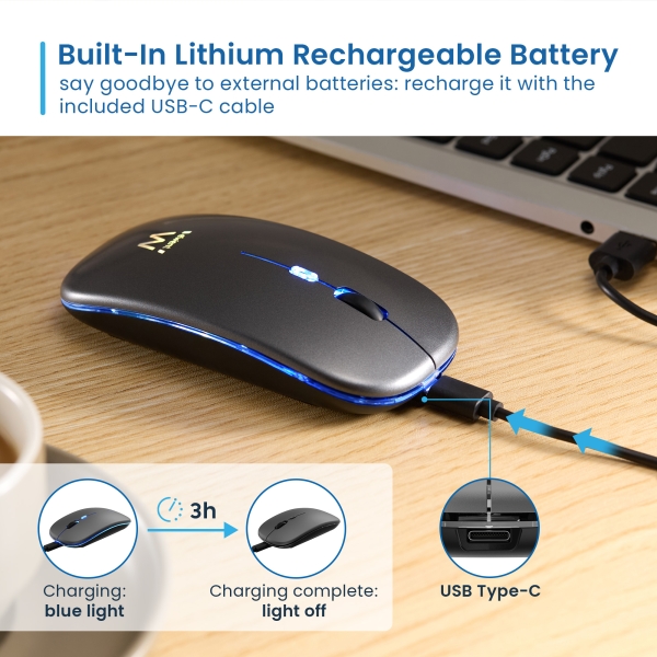 Souris sans fil Ewent - Récepteur USB-A 2,4 GHz - Bluetooth 5.1 - Rechargeable - Lumières RVB - 4 boutons - Batterie lithium 500 mAh - Noir