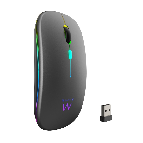 Souris sans fil Ewent - Récepteur USB-A 2,4 GHz - Bluetooth 5.1 - Rechargeable - Lumières RVB - 4 boutons - Batterie lithium 500 mAh - Noir
