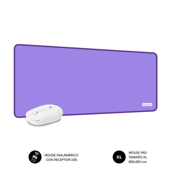 Sous-main Subblim Harmony, 800 x 300 x 2 mm, bords renforcés, base antidérapante + souris sans fil 1200 dpi, 3 boutons – Lilas et blanc