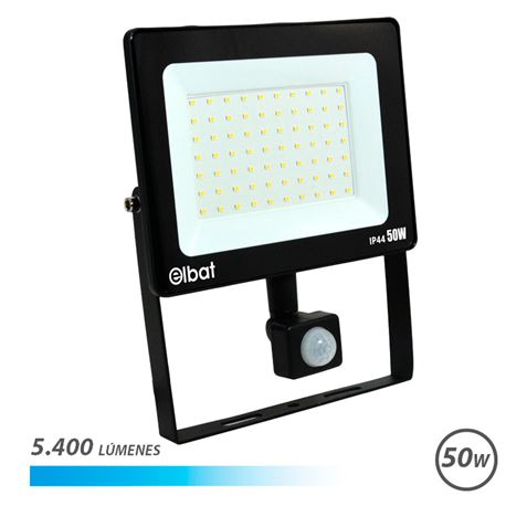 Spot LED Elbat 50W - Puissance : 50W - Lumens : 5400 - Capteur de mouvement - Lumière froide 6 500 K - 30 000 - 50 000 heures de durée de vie - Angle 120º - Protection : IP44 - Distance de détection de mouvement : 5 à 12 mètres