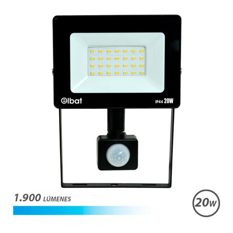 Spot LED Elbat avec détecteur de mouvement - Puissance : 20 W - Lumens : 1900 - Lumière froide 6 500 K - Durée de vie utile : 30 000 - 50 000 heures - Angle 120º - Protection IP44 - Distance de détection : 5 à 12 mètres