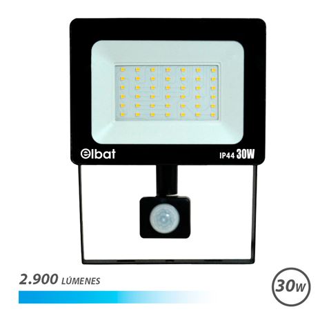 Spot LED Elbat avec détecteur de mouvement - Puissance : 30 W - Lumens : 2900 - Lumière froide 6 500 K - Durée de vie : 30 000 - 50 000 heures - Angle 120º - Protection IP44 - Distance de détection : 5 à 12 mètres