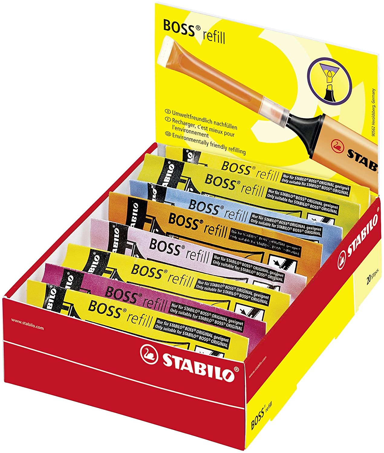 Stabilo Boss 70 Lot de 20 recharges de marqueurs fluorescents 3 ml - Encre à base d'eau - Couleurs assorties