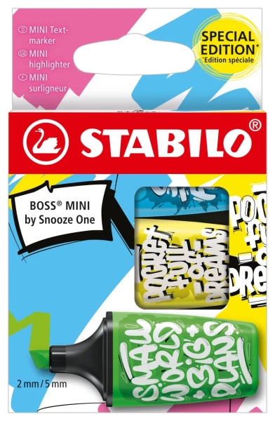 Stabilo Boss Mini par Snooze Lot de 3 mini marqueurs fluorescents - Tailles de trait 2-5 mm - Encre à base d'eau - Anti-dessèchement - Couleurs assorties