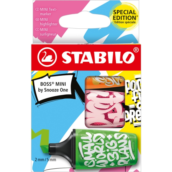 Stabilo Boss Mini par Snooze Lot de 3 mini marqueurs fluorescents - Tailles de trait 2-5 mm - Encre à base d'eau - Anti-dessèchement - Couleurs assorties