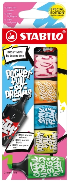Stabilo Boss Mini par Snooze Lot de 6 mini marqueurs fluorescents - Tailles de trait 2-5 mm - Encre à base d'eau - Anti-dessèchement - Couleurs assorties