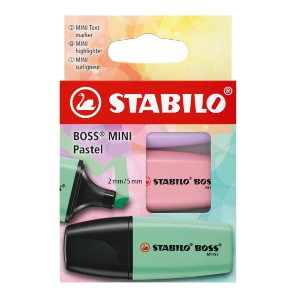 Stabilo Boss Mini Pastel Pack de 3 Marqueurs Fluorescents - Gamme de traits entre 2 et 5 mm - Encre à base d'eau - Anti-séchage - Couleurs Vert, Rose et Violet