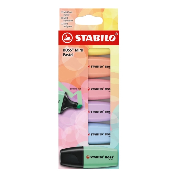 Stabilo Boss Mini Pastel Pack de 6 Marqueurs Fluorescents - Traits compris entre 2 et 5 mm - Encre à base d'eau - Anti-séchage - Vert, Rose, Bleu, Violet, Orange et Jaune