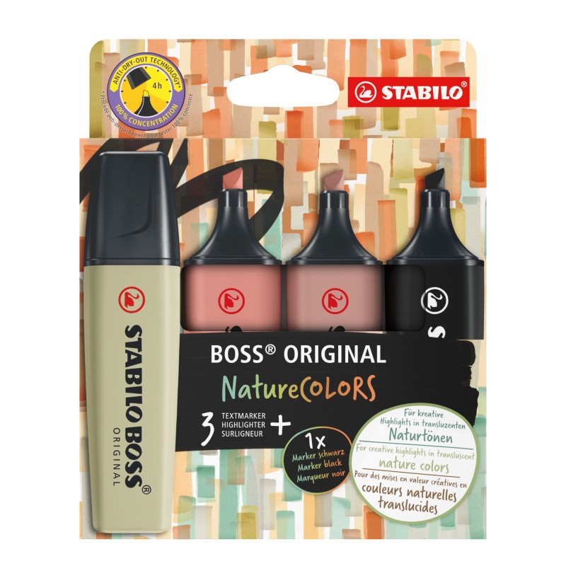 Stabilo Boss Naturecolors Pack de 4 Feutres - Trait entre 2 et 5 mm - Encre à Base d'Eau - Couleurs Noir, Ocre Foncé, Sienne et Vert Boue