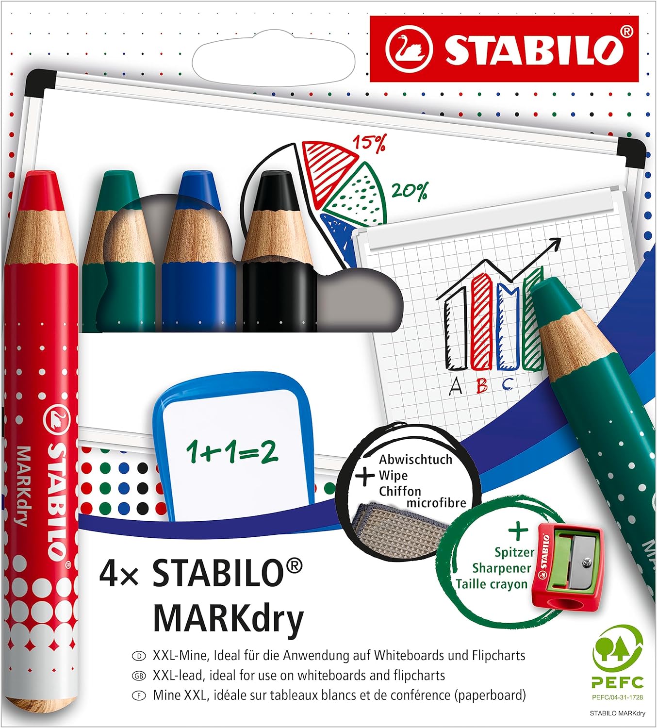 Stabilo MARKdry Pack de 4 Marqueurs Tableau Blanc + Taille-Crayon + Chiffon de Nettoyage - Mine XXL 10 mm - Bois Certifié 100% CFRP - Coloris Bleu, Vert, Rouge et Noir