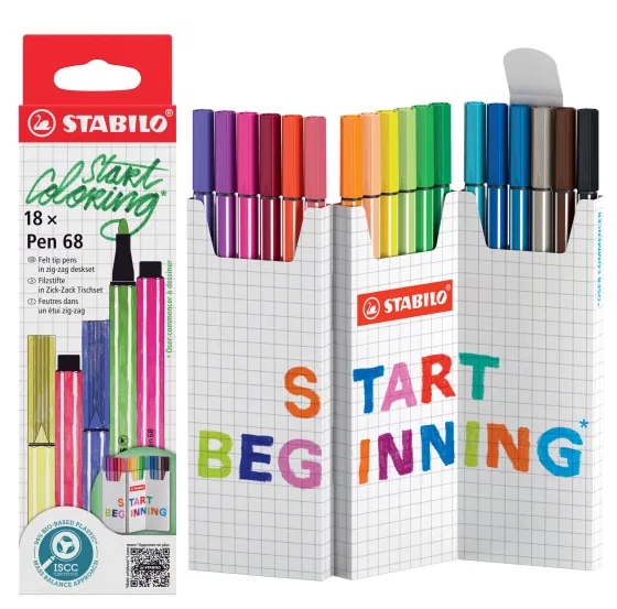 Stabilo Pen 68 Pack de 18 marqueurs à pointe fibre - Env. Ligne 1 mm - Encre à base d'eau - Couleurs assorties