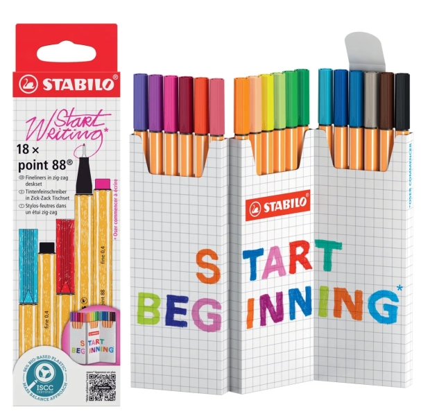 Stabilo Point 88 Pack de 18 marqueurs à pointe fibre - Taille du trait environ. 0,4 mm. - Encre à base d'eau - Couleurs assorties