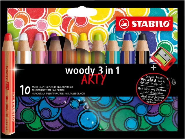 	Lot de 10 crayons de couleur Woody 3-en-1 + Taille-Crayon