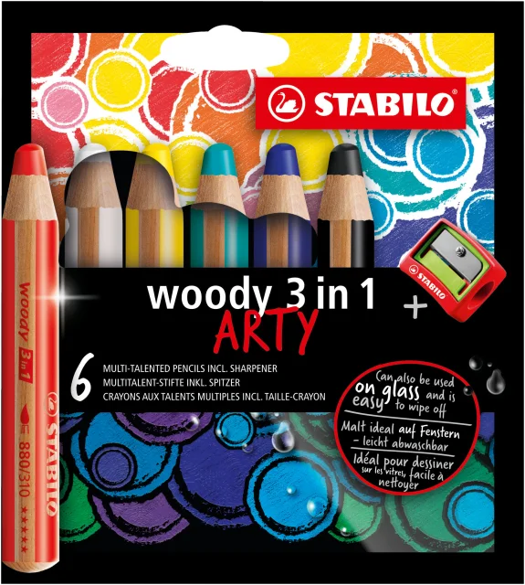 	Lot de 6 crayons de couleur Woody 3-en-1 + Taille-Crayon