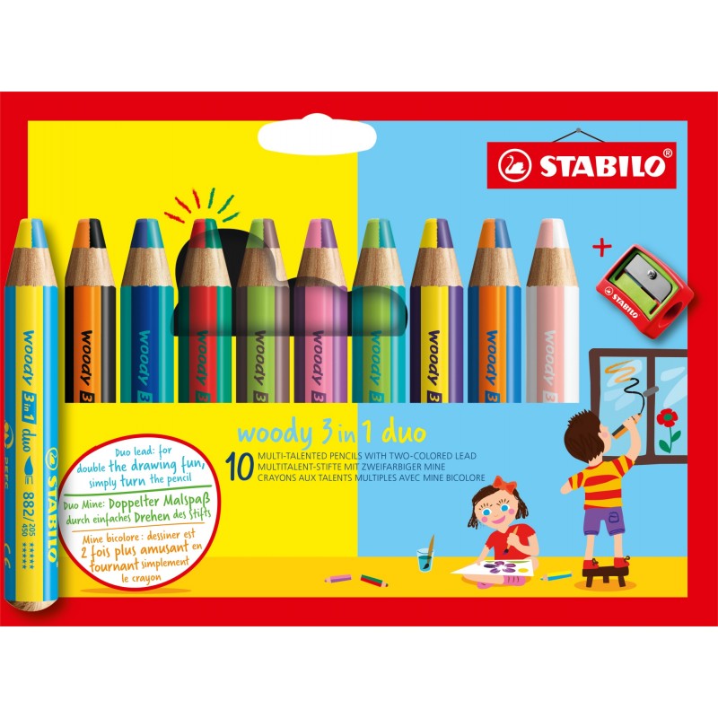 Stabilo Woddy Duo 3 en 1 Lot de 10 Crayons de Couleur + Taille-Taille - Mine 2 Couleurs XXL 10 mm - Crayon de Couleur, Cire Aquarelle, Tout en Un - Couleurs Assorties