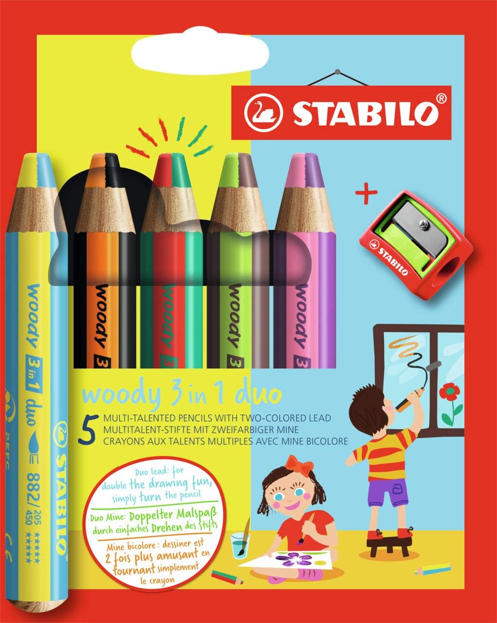 Stabilo Woddy Duo 3 en 1 Lot de 5 Crayons de Couleur + Taille-Taille - Mine 2 Couleurs XXL 10 mm - Crayon de Couleur, Cire Aquarelle, Tout en Un - Couleurs Assorties