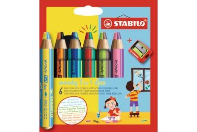 Stabilo Woddy Duo 3 en 1 Lot de 6 Crayons de Couleur + Taille-Taille - Mine 2 Couleurs XXL 10 mm - Crayon de Couleur, Cire Aquarelle, Tout en Un - Couleurs Assorties