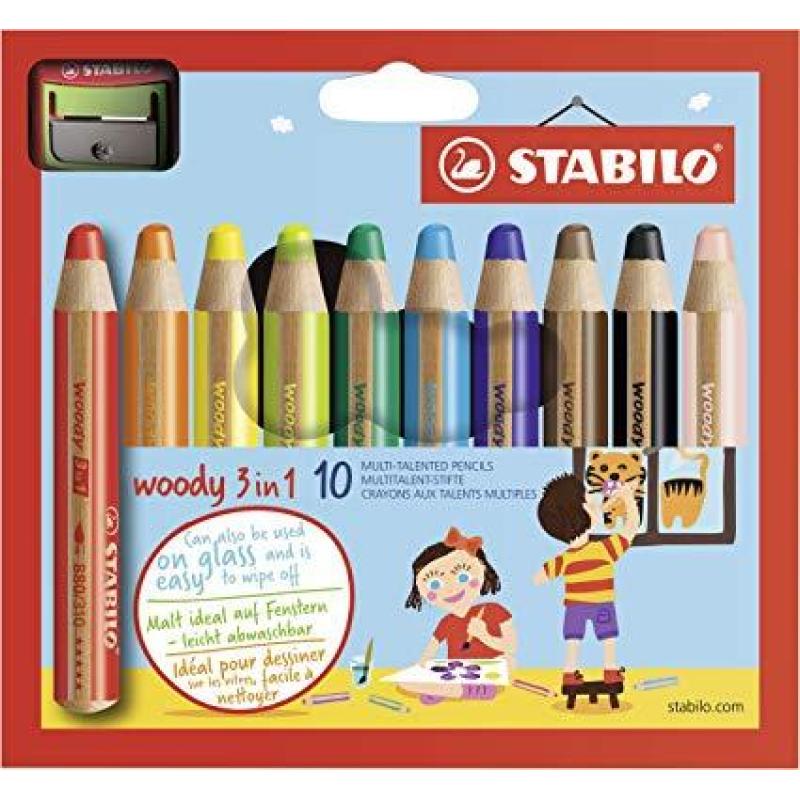 Stabilo Woddy Lot de 10 Crayons de Couleur 3 en 1 + Taille-Crayon - Crayon de Couleur, Cire et Aquarelle, Tout en Un - Mine XXL 10 mm - Couleurs Assorties