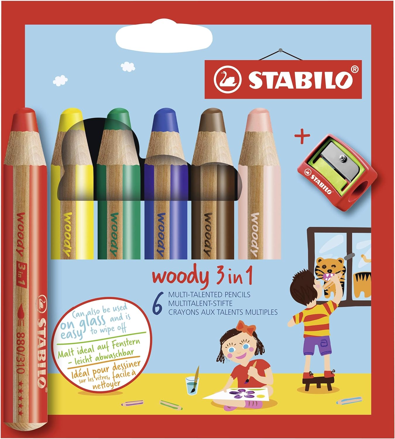Lot de 6 crayons de couleur Woody 3-en-1 + Taille-Crayon