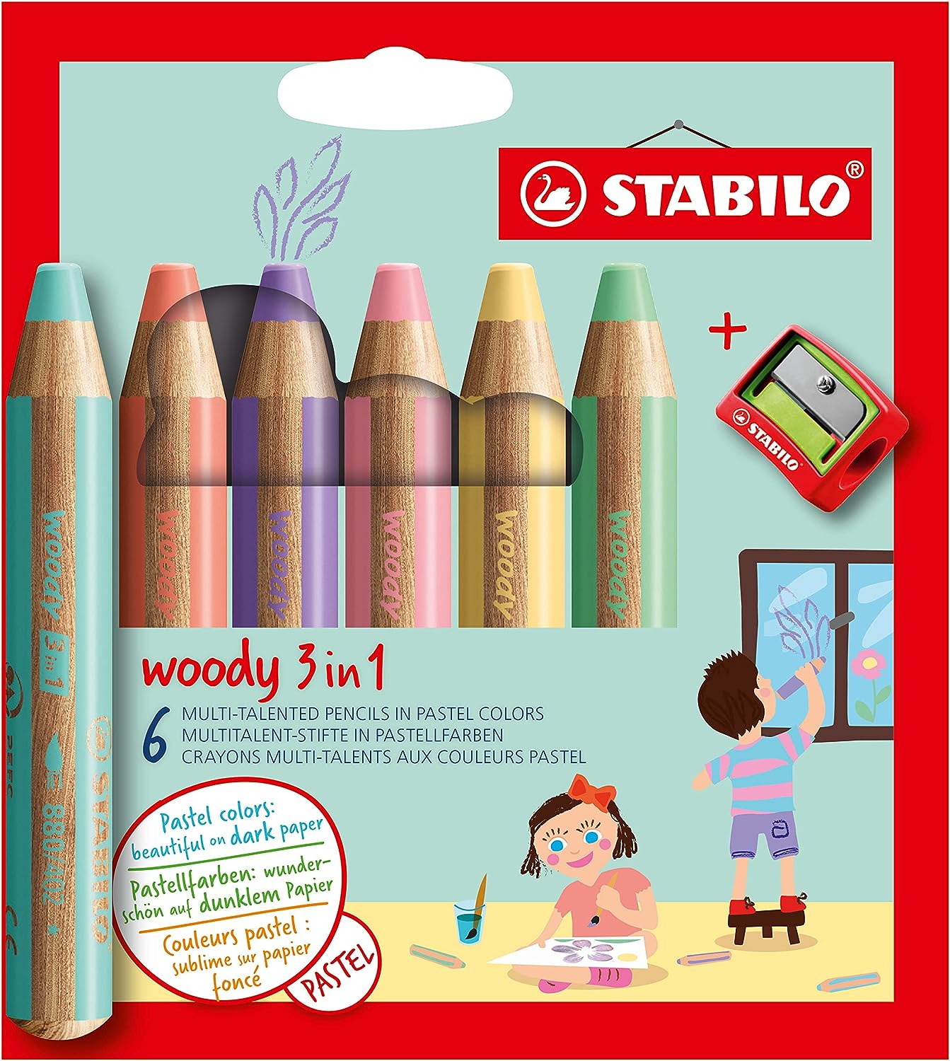  Lot de 6 crayons Stabilo Woody Pastel 3-en-1 + Taille-Crayon