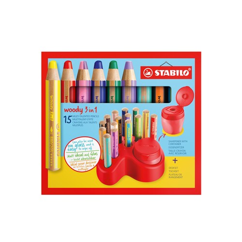 	Lot de 15 crayons de couleur Woody 3-en-1 + Taille-Crayon