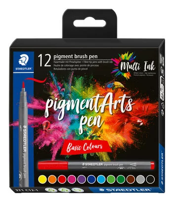Staedtler 371 Lot de 12 marqueurs à pointe pinceau souple – Nouvelle encre multi-encre – Pigments de qualité supérieure – Couleurs assorties