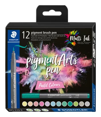 Staedtler 371 Lot de 12 marqueurs à pointe pinceau souple – Nouvelle encre multi-encre – Pigments de qualité supérieure – Couleurs pastel assorties