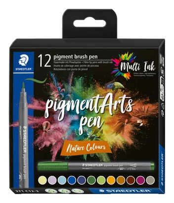 Staedtler 371 Lot de 12 marqueurs à pointe pinceau souple – Nouvelle encre multi-encre – Pigments de qualité supérieure – Couleurs naturelles assorties