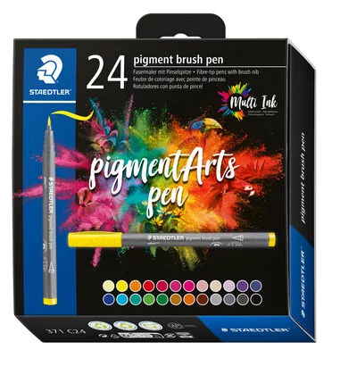 Staedtler 371 Lot de 24 marqueurs à pointe pinceau souple – Nouvelle encre multi-encre – Pigments de qualité supérieure – Couleurs assorties