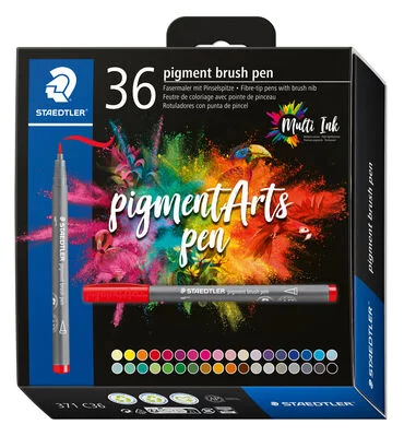 Staedtler 371 Lot de 36 marqueurs à pointe pinceau souple – Nouvelle encre multi-encre – Pigments de qualité supérieure – Couleurs assorties