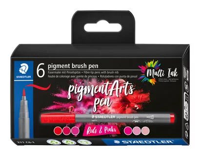 Staedtler 371 Lot de 6 marqueurs à pointe pinceau souple – Nouvelle encre multi-encre – Pigments de qualité supérieure – Couleurs rouges/roses assorties