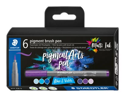 Staedtler 371 Lot de 6 marqueurs à pointe pinceau souple – Nouvelle encre multi-encre – Pigments de qualité supérieure – Couleurs assorties bleu/violet