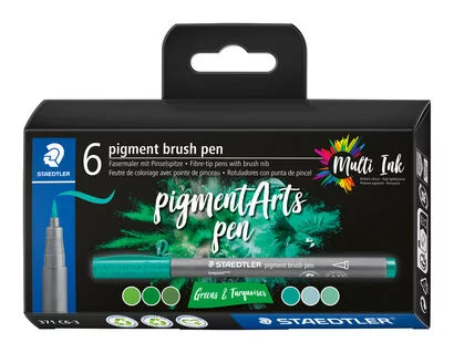 Staedtler 371 Lot de 6 marqueurs à pointe pinceau souple – Nouvelle encre multi-encre – Pigments de qualité supérieure – Couleurs assorties vert/turquoise