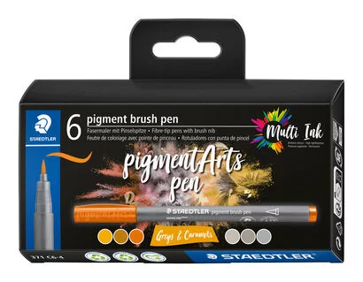 Staedtler 371 Lot de 6 marqueurs à pointe pinceau souple – Nouvelle encre multi-encre – Pigments de qualité supérieure – Assortiment de couleurs gris/caramel