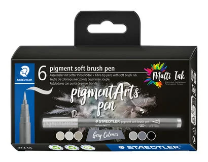 Staedtler 372 Lot de 6 marqueurs à pointe pinceau souple – Nouvelle encre multi-encre – Pigments de qualité supérieure – Couleurs grises assorties