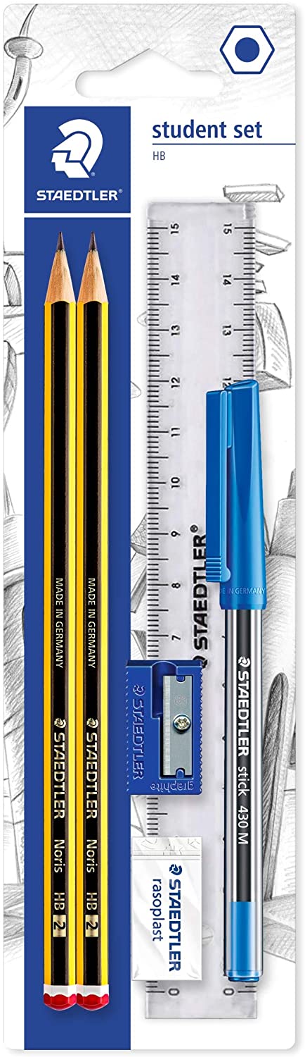Staedtler Lot de 2 Crayons Graphite Hexagonaux Noris 2HB + 1 Stylo Stick 430 Bleu + 1 Gomme + 1 Taille-Crayon + 1 Règle