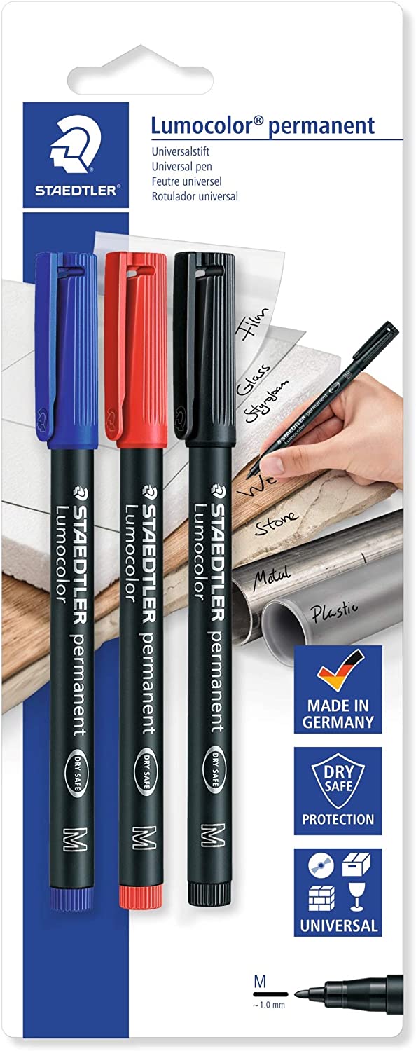 Staedtler Lumocolor Stylo permanent 317 Lot de 3 marqueurs permanents - Ligne d'environ 1 mm - Séchage rapide - Couleurs assorties