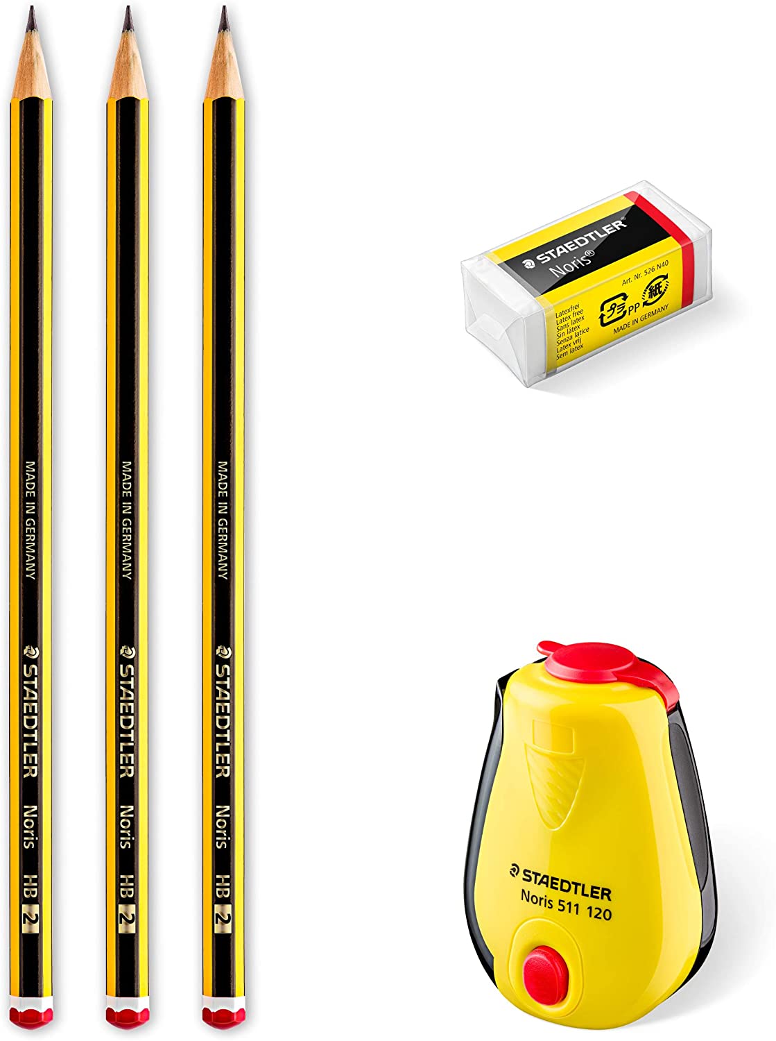 Staedtler Noris 120 Pack de 3 Crayons Graphite Hexagonaux + Gomme + Taille-Crayon