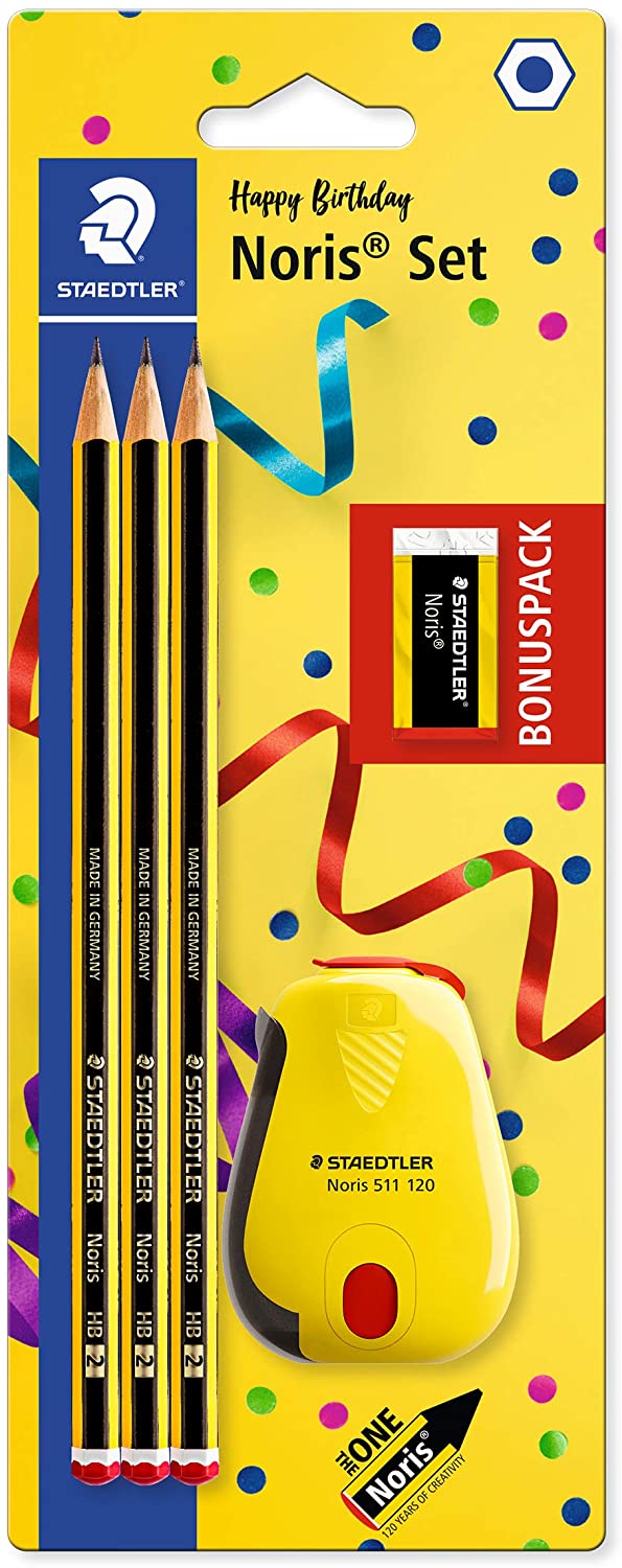 Staedtler Noris 120 Pack de 3 Crayons Graphite Hexagonaux + Gomme + Taille-Crayon