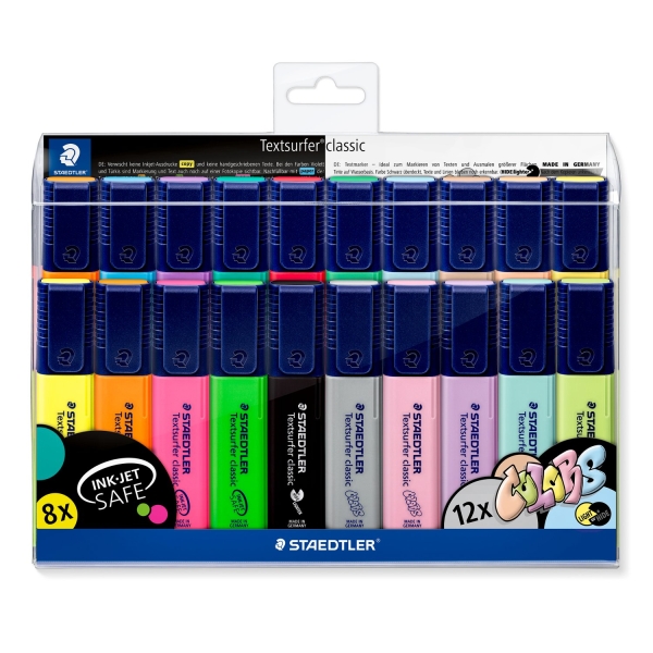 Staedtler Textsurfer Classic 364, lot de 20 marqueurs fluorescents – Pointe biseautée 1 à 5 mm environ – Séchage rapide – Couleurs assorties