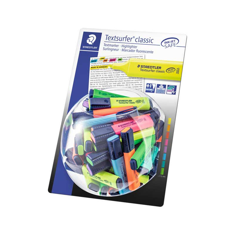 Staedtler Textsurfer Classic 364 Présentoir de 100 Marqueurs Fluorescents - Pointe Ciselée 1 - 5 mm Environ - Séchage Rapide - Couleurs Assorties