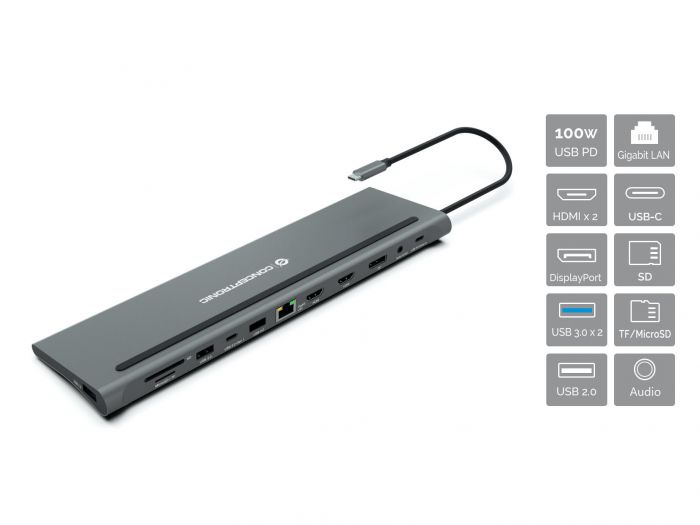 Station d'accueil Conceptronic 12 en 1 USB-C avec 2x HDMI, 1x USB-C PD, 1x DisplayPort, 1x Gigabit LAN, 2x USB-A 3.0, 1x USB-A 2.0, 1x USB-C Data, 1x SD, 1x TF / microSD, 1x Audio