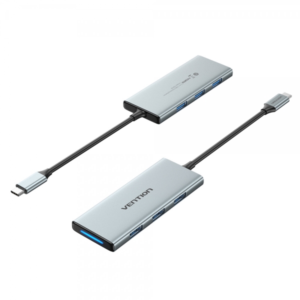 Station d'accueil Vention 6 en 1 USB-C vers HDMI Lecteur 4K/3xUSB3.0/SD/MicroSD - 0,15m - Couleur Gris