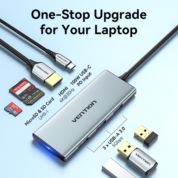 Station d'accueil Vention 6 en 1 USB-C vers HDMI Lecteur 4K/3xUSB3.0/SD/MicroSD - 0,15m - Couleur Gris