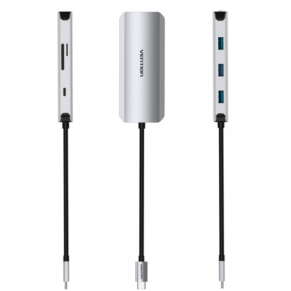 Station d'accueil Vention 7 en 1 USB-C vers HDMI 4K/3xUSB3.0/SD/TF/PD100W - 0,15m - Couleur Gris