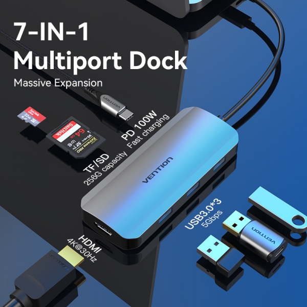 Station d'accueil Vention 7 en 1 USB-C vers HDMI 4K/3xUSB3.0/SD/TF/PD100W - 0,15m - Couleur Gris