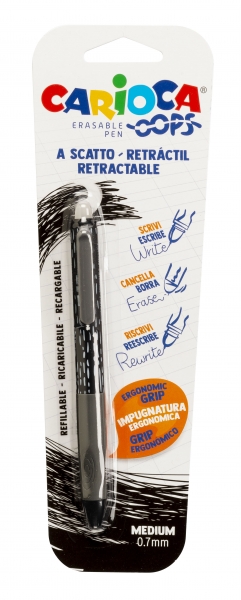 Stylo Effaçable Carioca Oops Blister - Thermo Sensible - Prise Triangulaire Ergonomique - Pointe 0,7 mm - Recharges compatibles - Couleur Noir