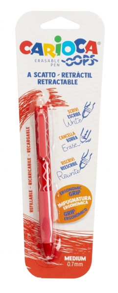 Stylo Effaçable Carioca Oops - Encre Thermo-Sensible - Grip Triangulaire Ergonomique - Pointe Ø 0,7 mm - Recharges compatibles - Couleur Rouge